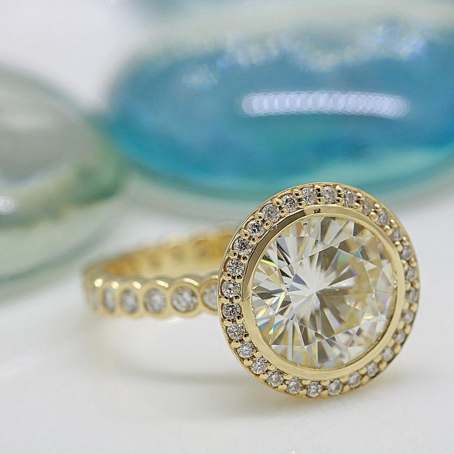 Wedding - Elizabeth Forever Brilliant Moissanite Floral Filigree Bezel Set and Diamond Halo Ring