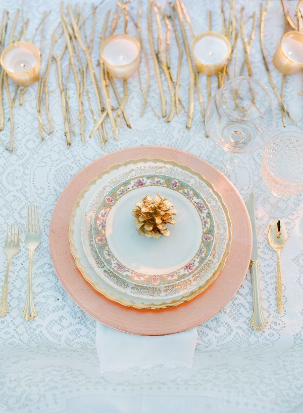 Wedding - Winter Table Setting With Gold Pinecones And Twigs