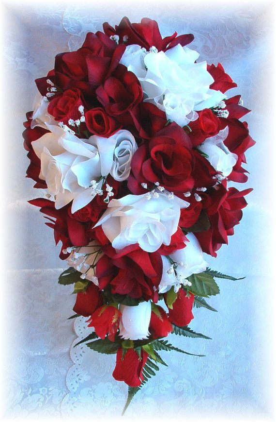 Wedding - 2pc APPLE RED WHITE Silk Wedding Flowers Bridal Bouquet Roses Set