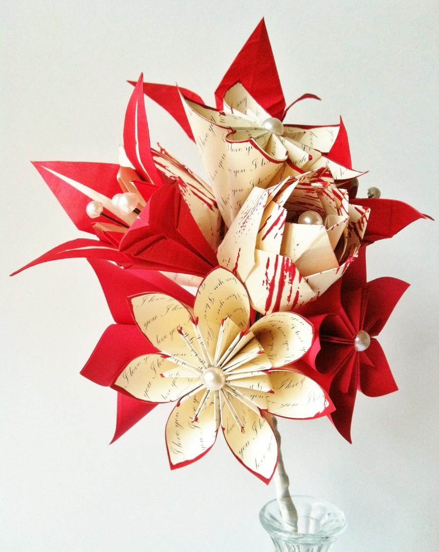 زفاف - Rose Lily Love Paper Bouquet- 12 one of a kind paper flowers, made to order, origami, romantic, first anniversary gift, bride, wedding