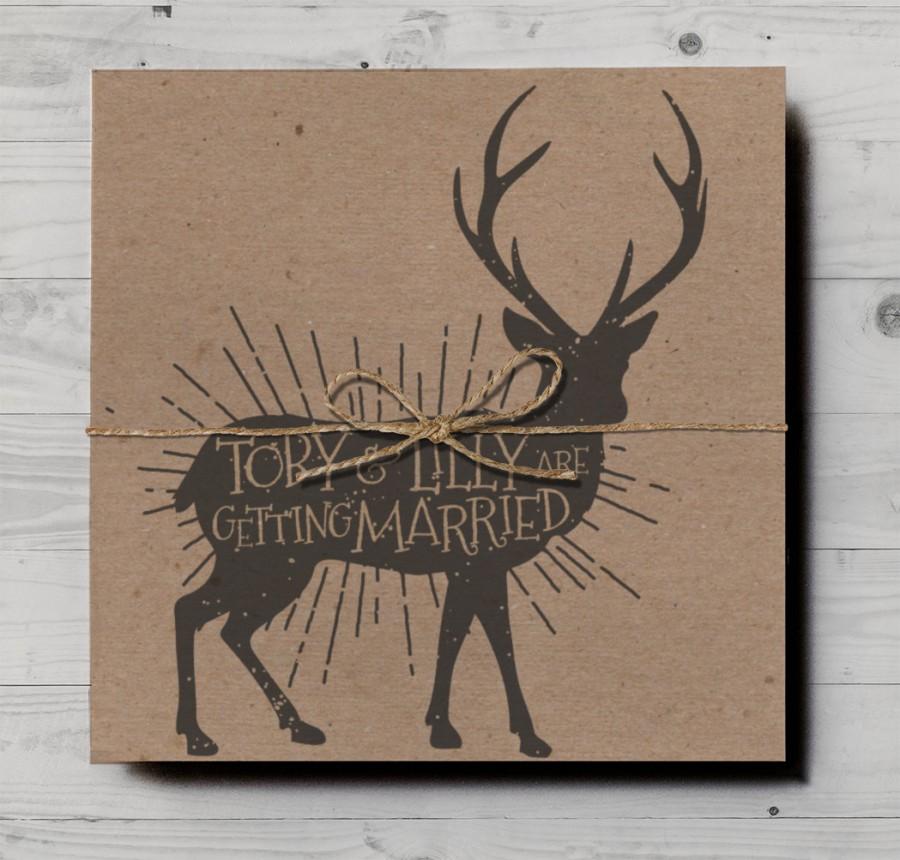 زفاف - Rustic Mountain Deer Wedding Invitation with twine and RSVP card, Kraft card colouring in retro design