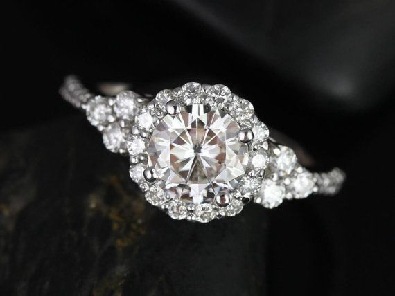زفاف - Amora 7mm 14kt White Gold Round FB Moissanite And Diamonds Halo Heart Shape Detail Engagement Ring (Other Metals And Stones Available)