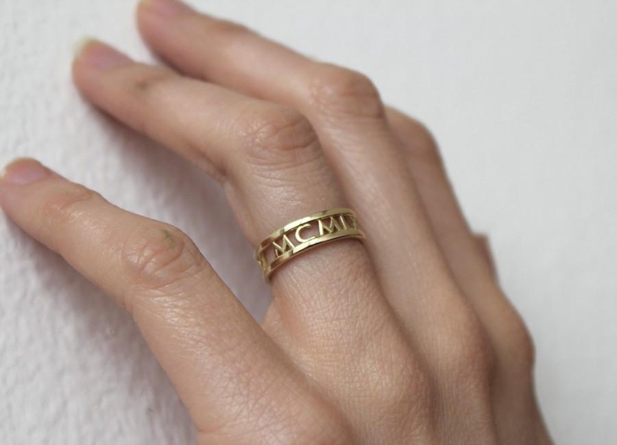 Wedding - 14k Gold Wedding Band, Roman Numerals Ring, Date Ring, Anniversary Ring, Wedding Ring, Mom Ring, Family Ring, Anniversary Gift