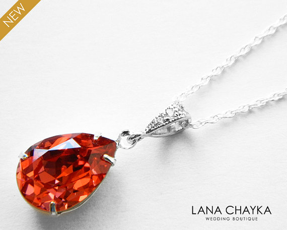 Mariage - Padparadscha Crystal Necklace Fiery Pink Coral Rhinestone Necklace Swarovski Padparadscha Teardrop Sterling Silver Necklace Wedding Jewelry