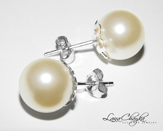 Mariage - Pearl Stud Earrings 925 STERLING SILVER 10mm Ivory or White Pearl Bridal Earrings Swarovski Pearl Wedding Earring Bridal Pearl Stud Earrings