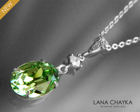 Wedding - Peridot Green Crystal Necklace Swarovski Peridot Oval Necklace Light Green Rhinestone Sterling Silver Necklace Wedding Light Green Jewelry