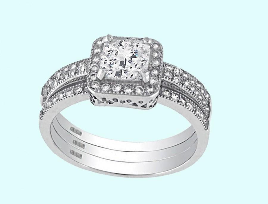 Свадьба - Sterling Silver Princess Cut CZ Stone 3PC Halo Wedding Engagement Band Ring Set, 1.24 Cts Round Simulated Diamond Set Size 5-9