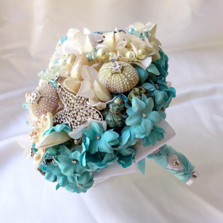 Wedding - Seashell wedding bouquet, Light Blue brooch bouquet, Beach Wedding Bouquet