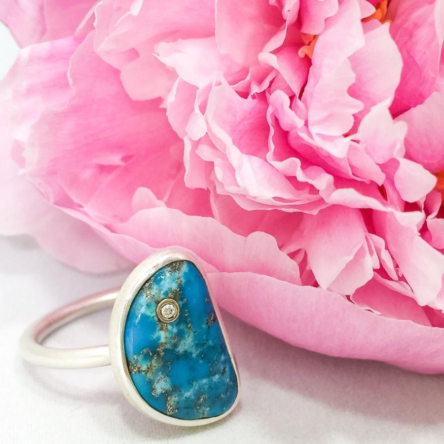 Hochzeit - Arizona Turquoise with Diamond Bezel Sterling Silver Ring / Boho Luxury Statement Stacking Ring / Alternative Engagement Turquoise Diamond