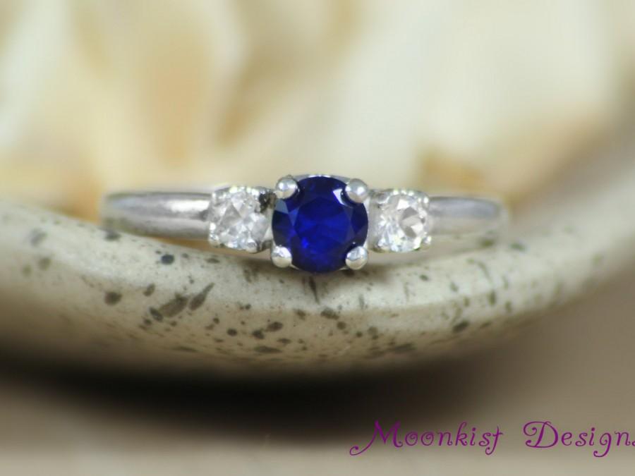 Wedding - Three Stone Sapphire Engagement Ring in Sterling - Silver Blue Sapphire and White Sapphire Commitment Ring - Past, Present, and Future Ring
