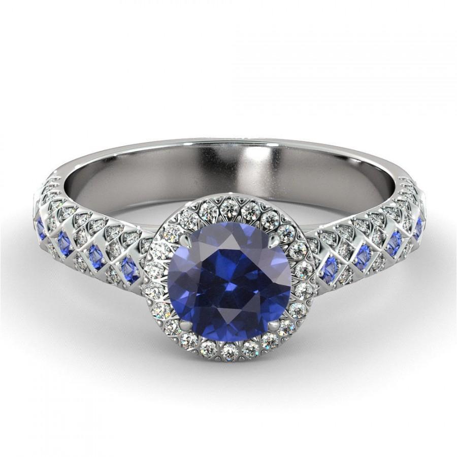 Свадьба - Halo Sapphire Engagement Ring 14k White Gold Natural Diamonds, Natural Sapphire Ring, Blue Sapphire Ring