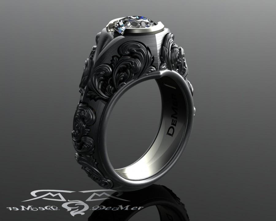 Mariage - Unique antiqued palladium white gold and stunning 1.3 carat GIA diamond floral engagement ring with damask Victorian scrolls. Engraved Ring.