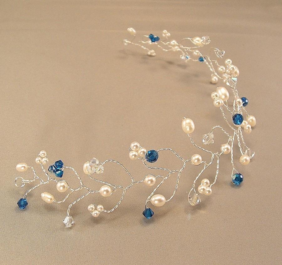 Wedding - Capri Blue Blend Wedding Gown Tiara, Hair Vine Tiaras, Pearl and Crystal Headpiece, Horizon Blue Weddings