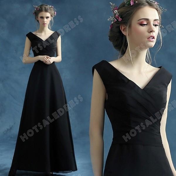 Mariage - 2016 Sexy Sleeveless Black V-neck Long Chiffon Bridesmaids Dress
