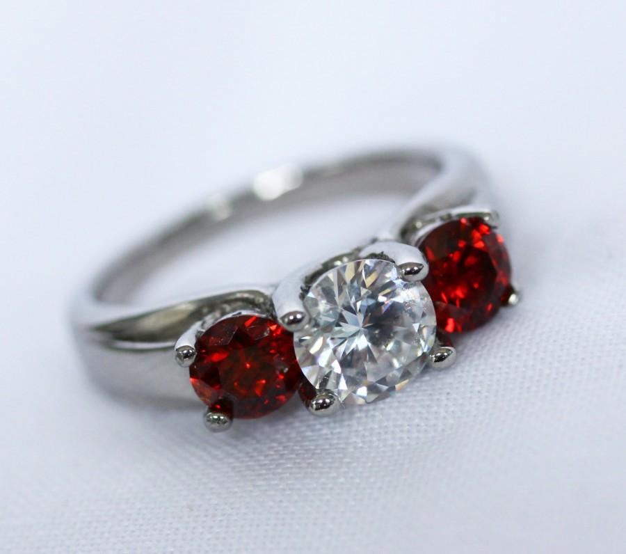Mariage - Trellis Trilogy ring with Natural Garnet and lab diamond - Choose from Titanium or white gold - engagement ring