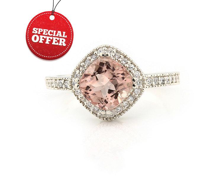 Mariage - Natural  7mm  Antique Square Cushion Pink  Morganite  Solid 14K White Gold Diamond engagement antique Style  Halo Ring  ****Gem877