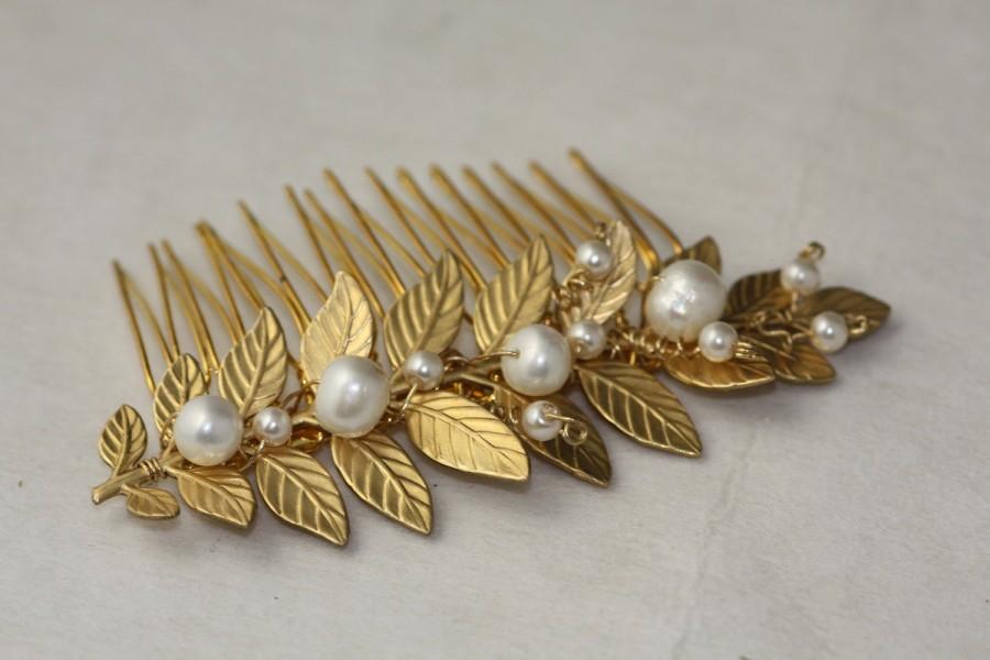 زفاف - Greek branch gold and pearls  hair comb, Long Leaf Comb, Branch Bridal Comb, Pearl Comb,Wedding Gold Hair Comb, Branches and Leaves Comb