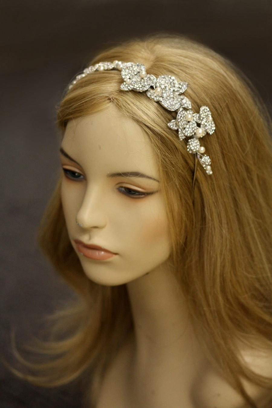 Hochzeit - Orchid Swarovski crystal and pearl  bridal headband