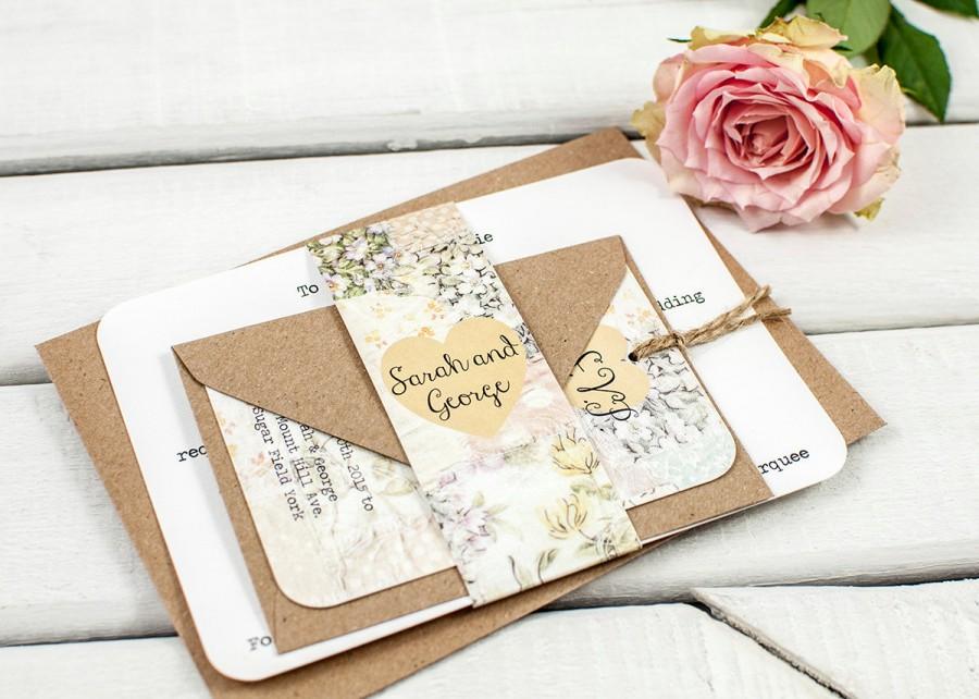 Свадьба - Floral wedding invitation - mint kraft pastel - belly band bundle
