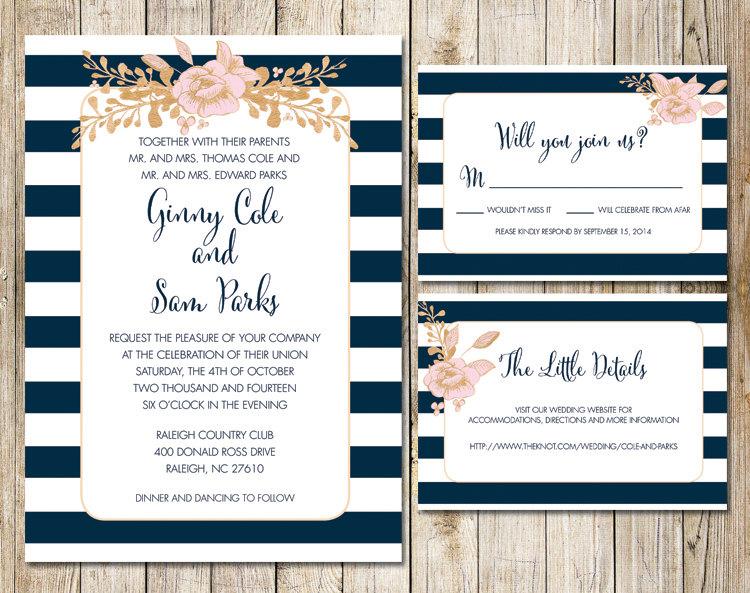 Wedding - Navy Striped Nautical Wedding Printable Invite - Paper Goods, Gold Foil Wedding, Navy and Blush Floral Digital Printable Invitation Print