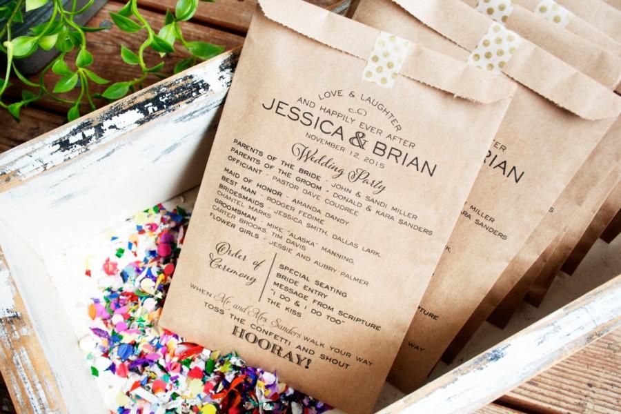 Wedding - Confetti Toss Bag with Printed Program - Hooray Design - Kraft Program Bag - unstuffed  - 50+ Brown Bags per pack