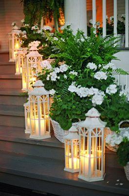 Hochzeit - White Flowers, Ferns And White Lanterns ~ Beautiful Entrance To A Summer Party.
