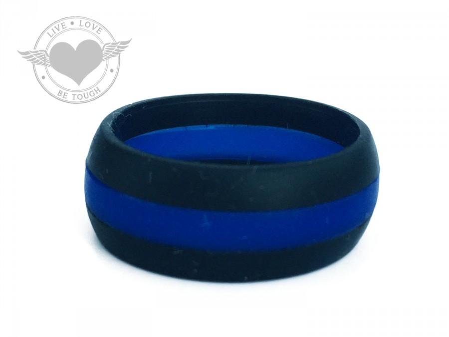 Hochzeit - TOUGH LOVE - Black with Thin Blue Line (Thick band) - Premium Silicone Wedding Rings