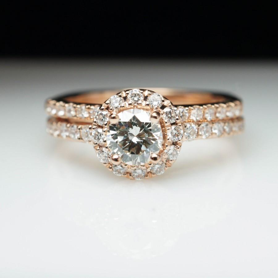 Wedding - Rose Gold Round Diamond Halo Engagement Ring & Matching Wedding Band Set Ring Set Diamond Engagement Ring Round Halo Engagement