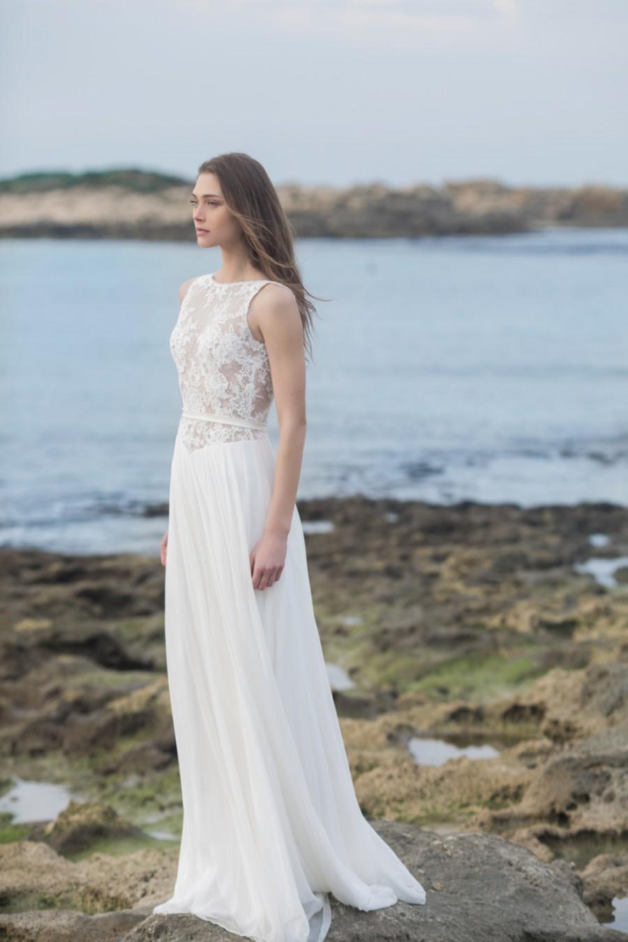 Wedding - Beach sheer lace & silk chiffon Wedding Dress, New 2016 Stunning Bohemian Wedding Dress, open back wedding dress