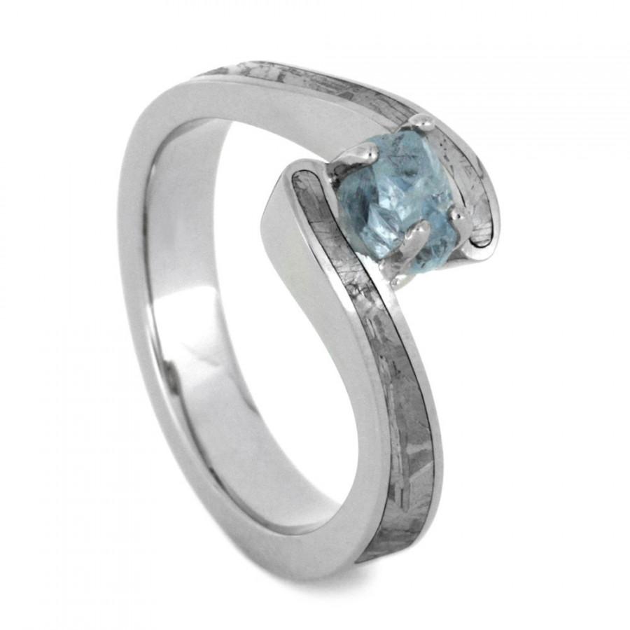 زفاف - Aquamarine Engagement Ring, White Gold Ring With Partial Meteorite Inlays and a Rough Cut Aquamarine Center Stone