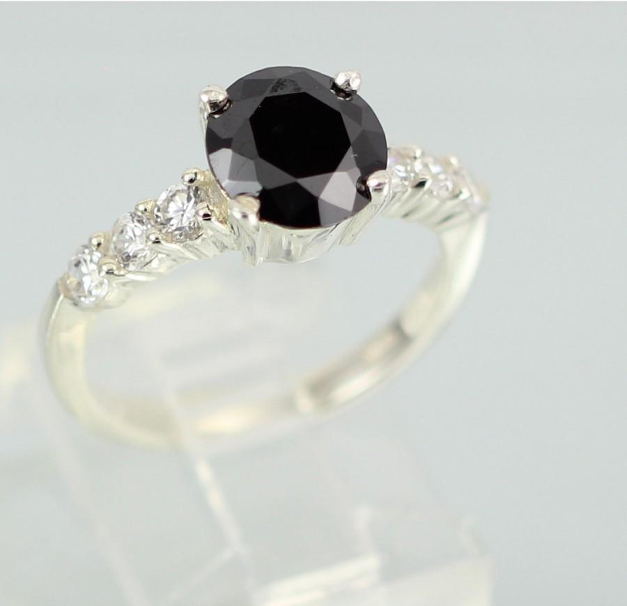 Wedding - 925 Sterling Silver Wedding Engagement Anniversary Ring 2.22 Carat Round Black Diamond CZ Russian Iced Out CZ Solitaire With Accent Top Gift