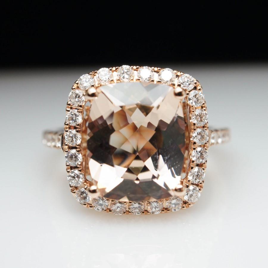 Hochzeit - Cushion Cut Morganite Diamond Halo Engagement Ring 14k Rose Gold Peach Morganite Ring Cocktail Ring Large Morganite Ring