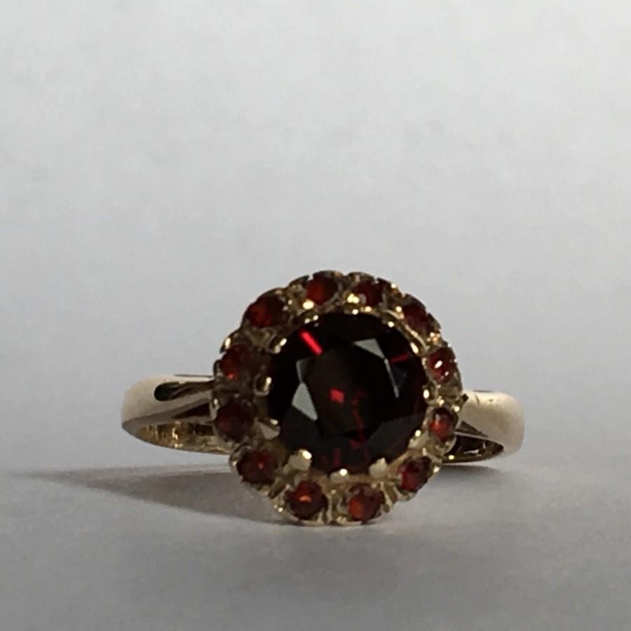 Wedding - Vintage Garnet Cluster Ring in 9k Yellow Gold. Unique Engagement Ring. Statement Ring. January Birthstone. 2 Year Anniversary Gift.