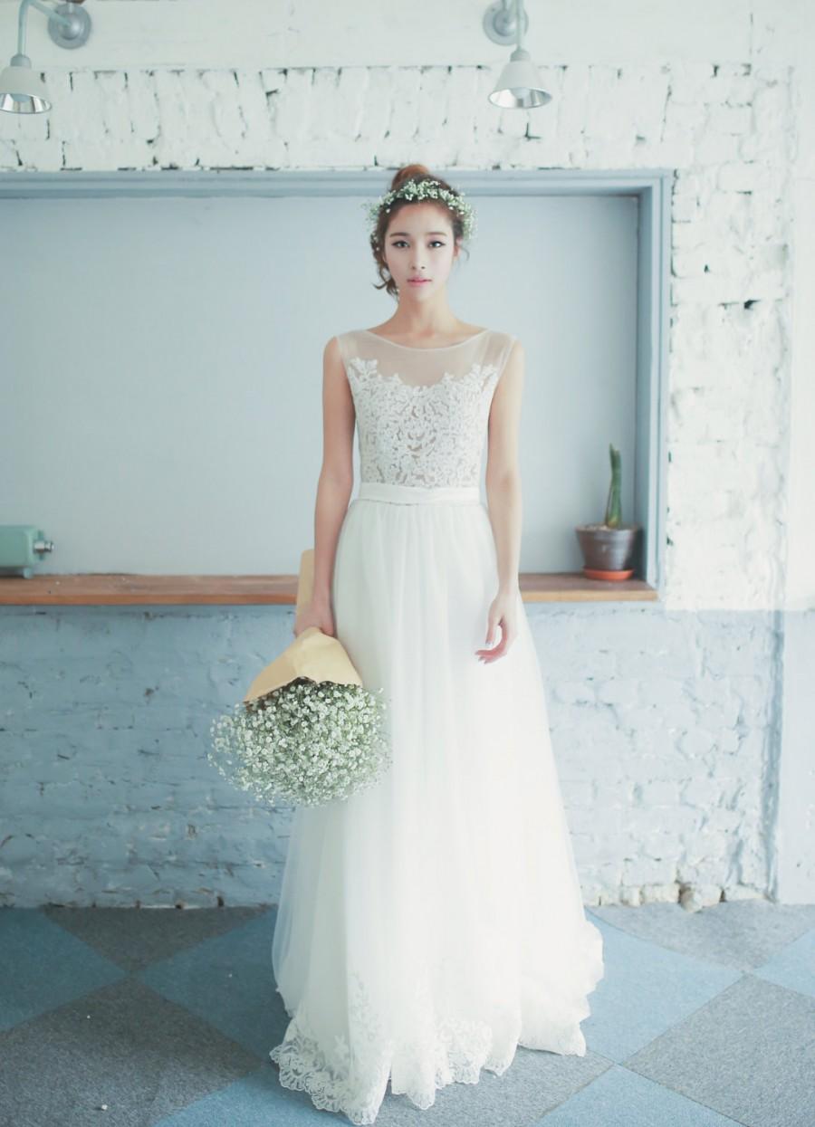 Wedding - Chloe - Sheer Illusion Tulle Lace Wedding Dress with Train