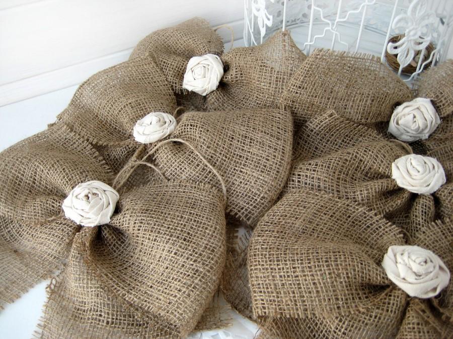 Hochzeit - Burlap Bow Rustic Wedding Fabric Rose Set of 12 Pew Bows   Aisle Decor on chairs or bench