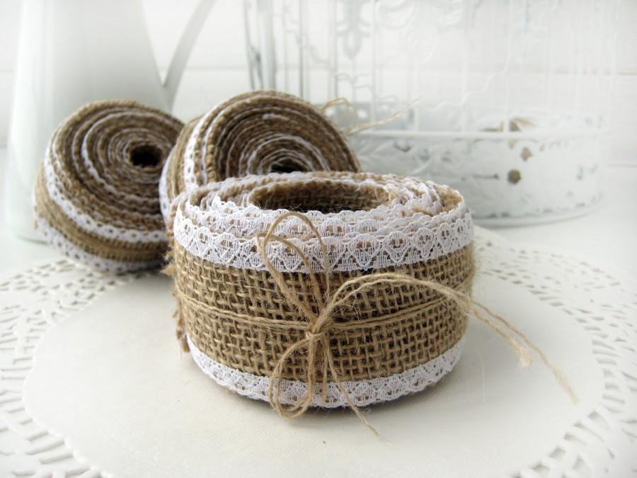 Mariage - Natural Burlap Ribbon with White Lace - 3 inch x 10 yards