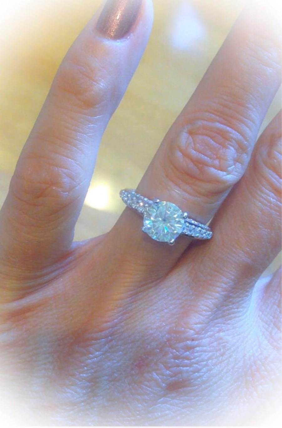 Mariage - Vintage Engagement Ring 18k Gold Round 7.5mm Forever Brilliant Moissanite & Round FSI1 Diamonds VINTAGE Engagement Wedding Ring