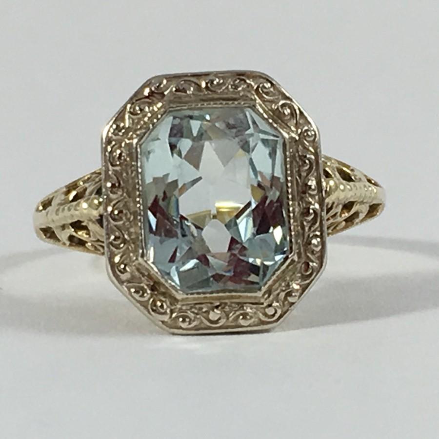 Wedding - Vintage Aquamarine Ring. 10k Yellow Gold Filigree Setting. 2 Carat. Unique Engagement Ring. March Birthstone. 19th Anniversary Gift.