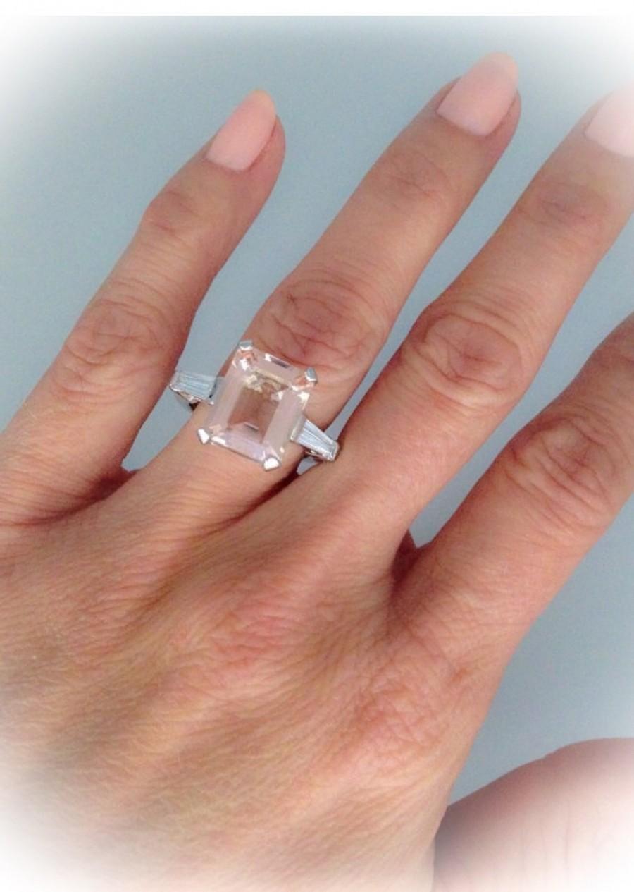 زفاف - Art Deco Morganite Engagement Ring 6.0tw 18k White Gold Excellent Emerald Cut Peach Morganite & Baguette EFVVS2Vs1 Diamonds Anniversary Ring