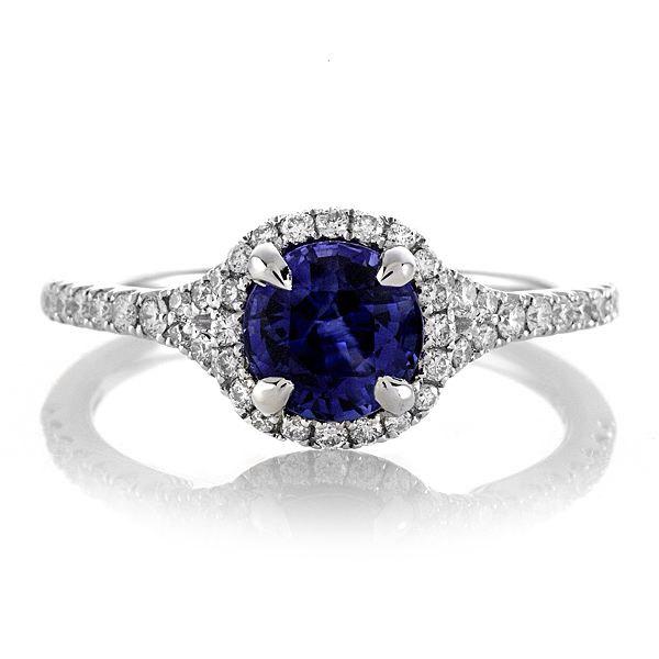 Wedding - Vibrant 1.05ct Center Round Blue Sapphire and Diamonds EFVSS1 .27tcw Engagement Ring