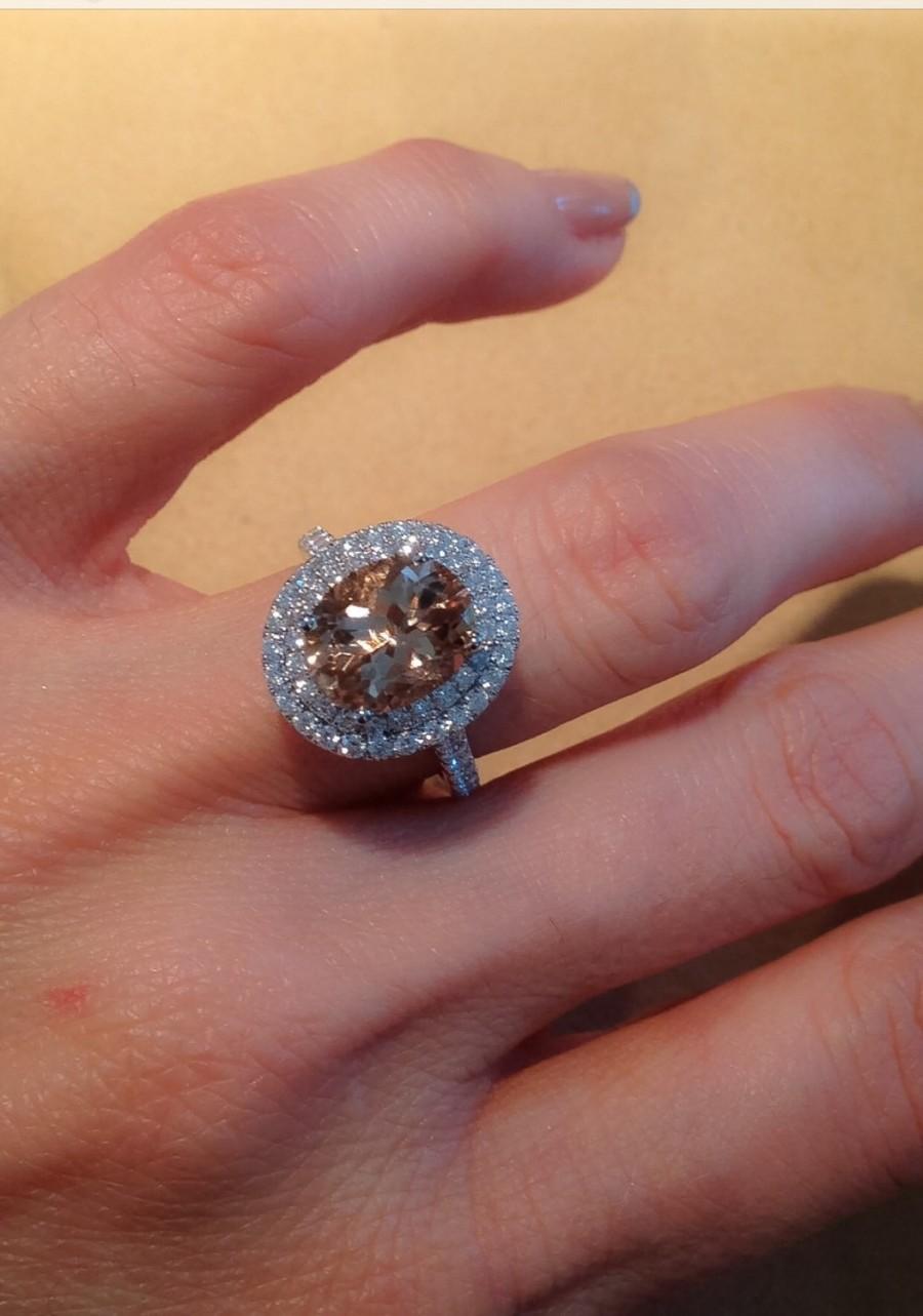 Hochzeit - Morganite Diamond Double Halo Engagment Ring 3.20tw 18kt White Gold Double Halo Engagement Ring, Wedding Ring, Anniversary Ring, Jewelry