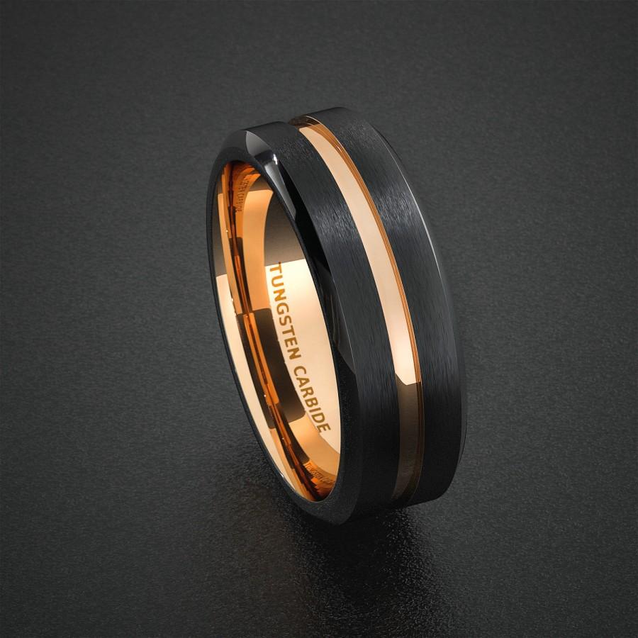 Tungsten Wedding Band Mens Ring Two Tone Rose Gold Black