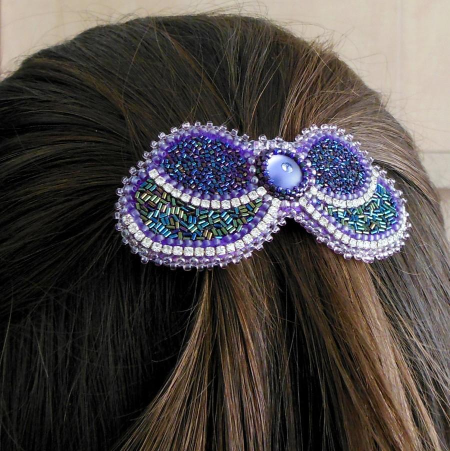 زفاف - Gift for her Christmas handmade Beaded Barrette hair accessory butterfly Green and purple Button Swarovsky