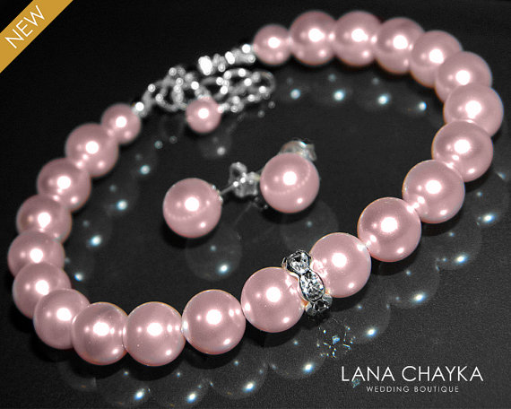 Hochzeit - Pink Pearl Jewelry Set Rosaline Blush Pink Pearl Bracelet&Earrings Set Swarovski Pearl Wedding Jewelry Light Pink Pearl Jewelry Set Brides
