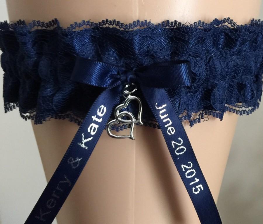 Wedding - Personalized Navy Blue Lace Garter, Bridal Garter, Prom Garter, Keepsake Garter, Wedding Garter, Homecoming, Lace Garter