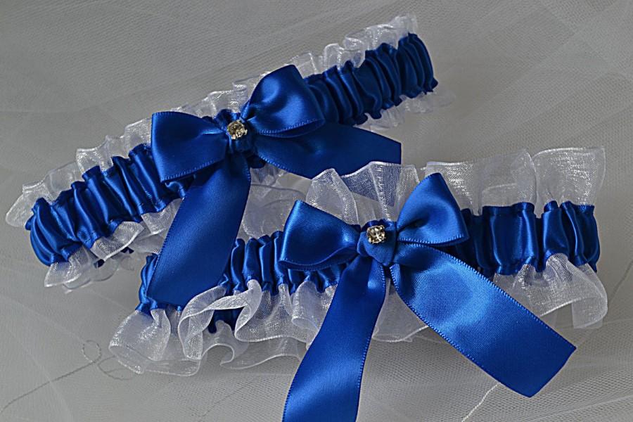 Hochzeit - Wedding Garter Set - Royal Blue and White Sheer Organza and Rhinestones