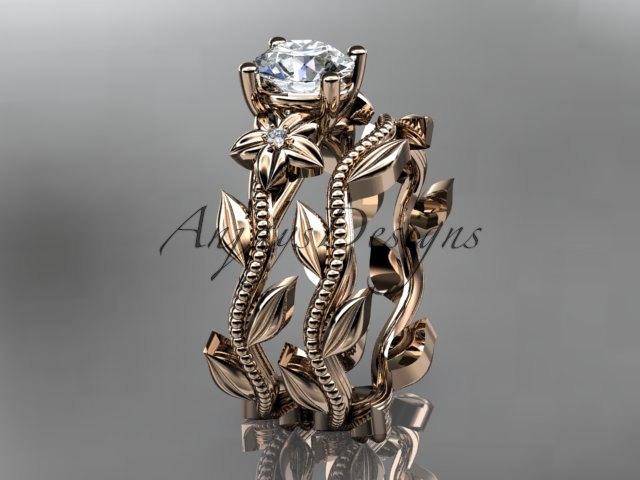 زفاف - Unique 14kt  rose gold diamond floral wedding ring, engagement set  ADLR238