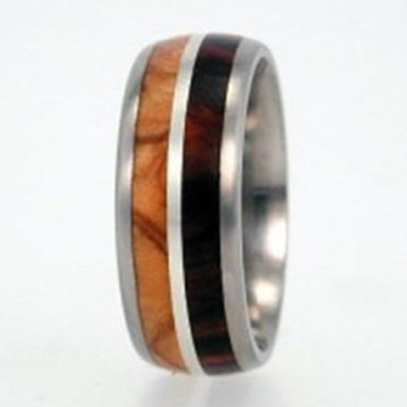 زفاف - His and Her Wedding Ring Set, Titanium, Wood Ring Set, Ironwood and Olive Wood Inlay, Ring Armor Included
