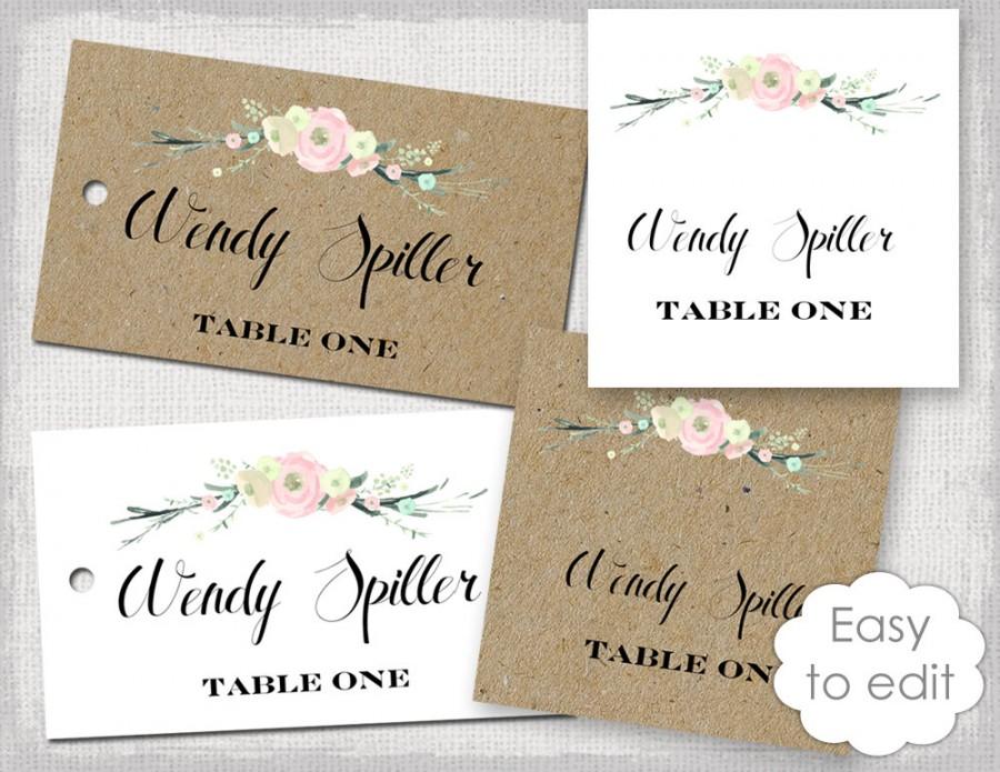 Mariage - Rustic name card template "Rustic Flowers" blush pink place cards DIY escort card printable kraft favor tags YOU EDIT download - Avery 5881