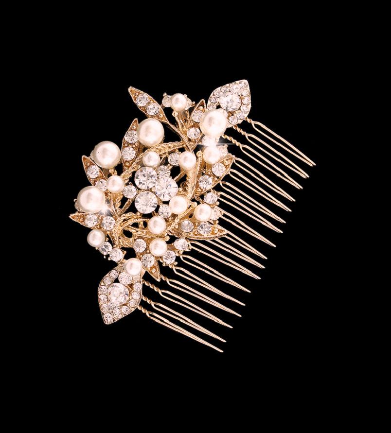 زفاف - Vintage Style Gold Wedding Comb, Bridal Head Piece, Gold Plated Rhinestone & Pearl Headpiece, Gold Headpiece, Bridal Hair Jewelry, Cb5